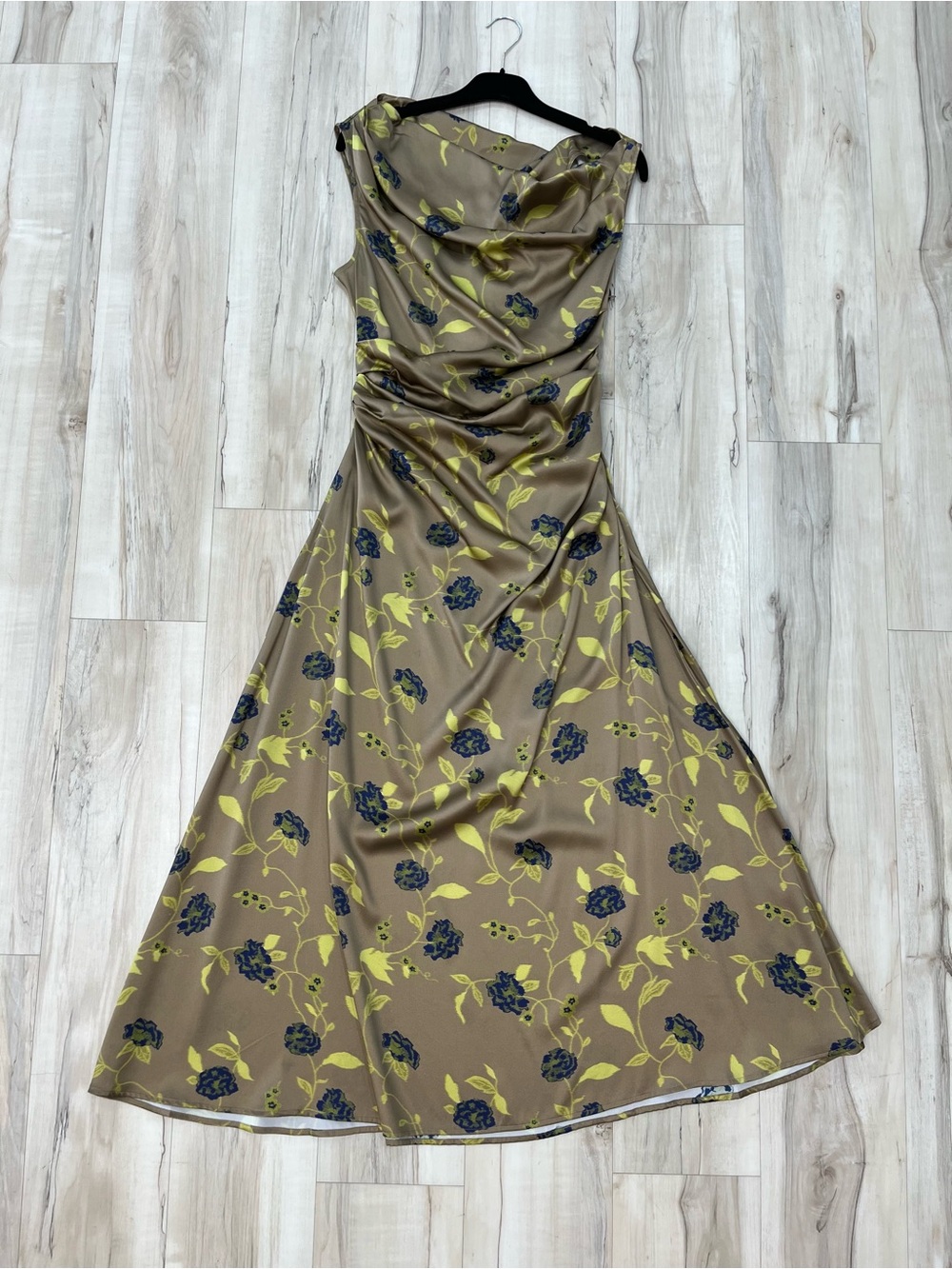 Women’s Floral Cowl Neck Dress in Olive and Navy - Picture 1 of 3